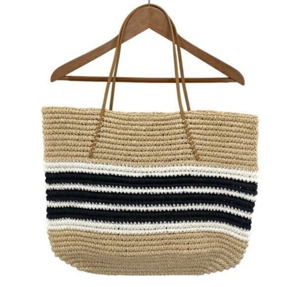 Aqua Trio Striped Straw Woven Tote Bag New